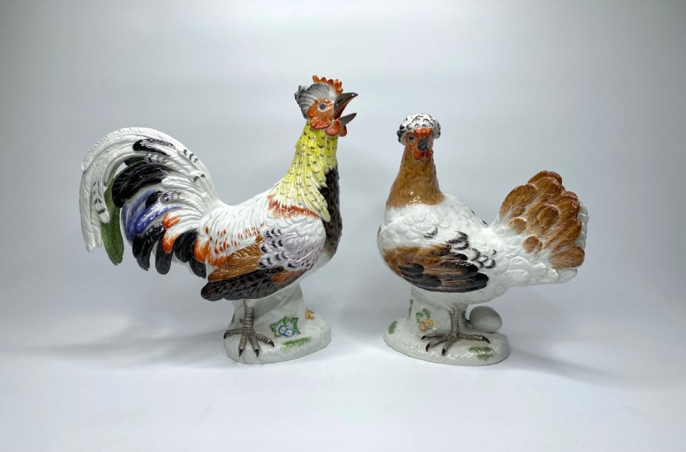 Pair Meissen porcelain covered and hen, c. 1920.