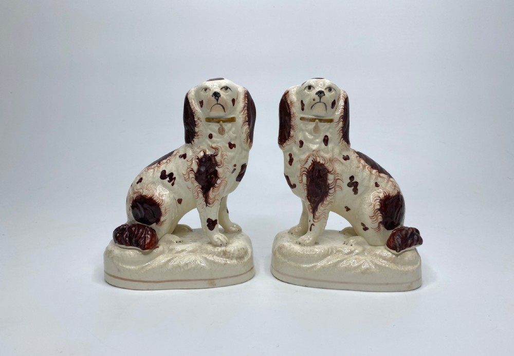 Pair Staffordshire pottery Spaniels, c. 1840.