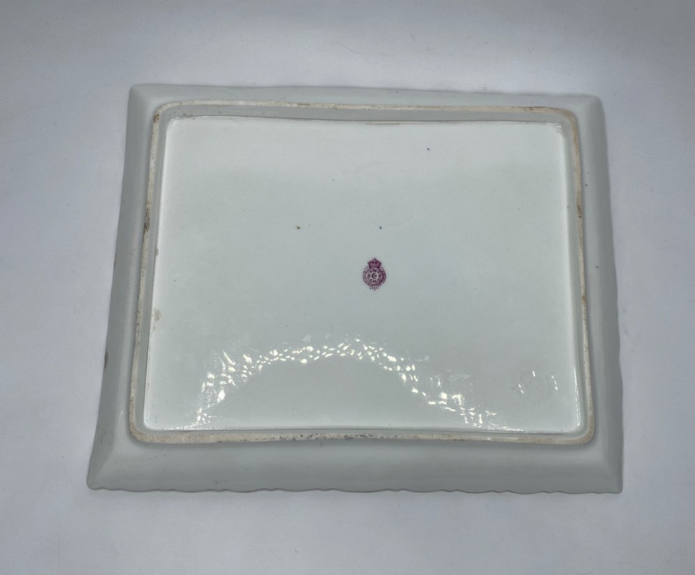 A square Royal Worcester porcelain tray featuring a central oval hand-painted fruit study framed by a dark cobalt blue ground with gold tooling and a pierced gilt scrollwork border. View XIII