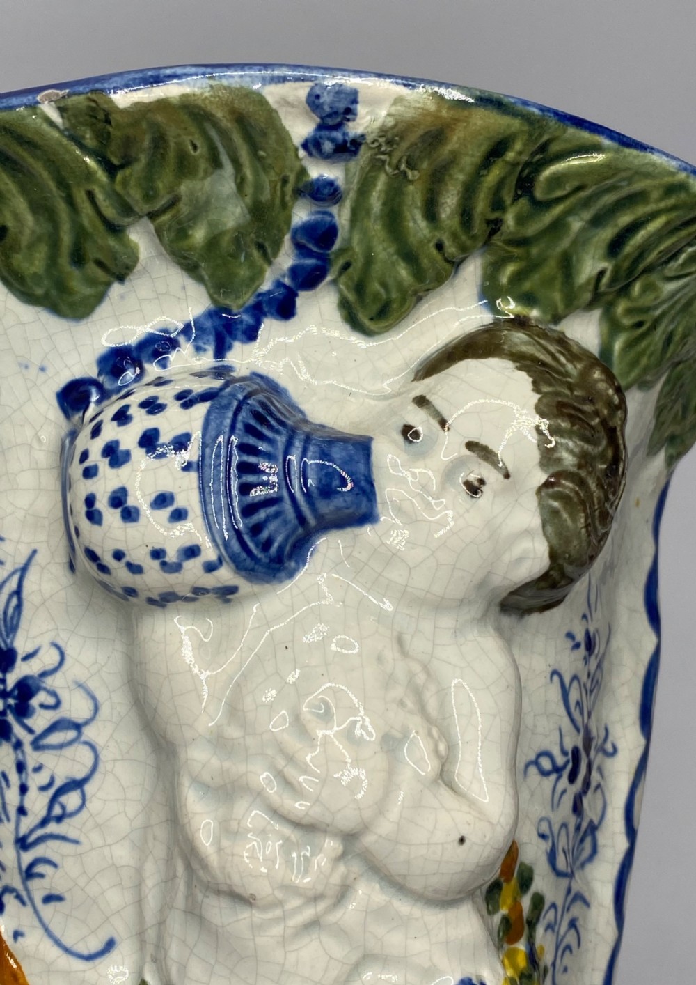 Pair Prestonpans, Prattware Cupid wall pockets, c. 1810. View V