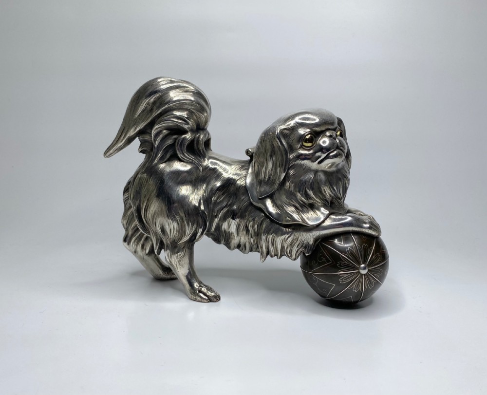 Japanese silvered bronze Chin puppy. c. 1900, Meiji Period.