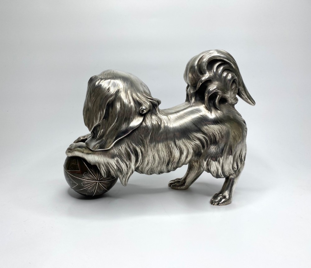 Japanese silvered bronze Chin puppy. c. 1900, Meiji Period. View IV