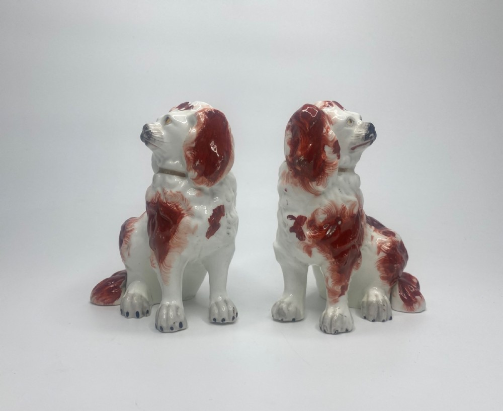 Pair Staffordshire porcellaneous Spaniels, c. 1840. View II