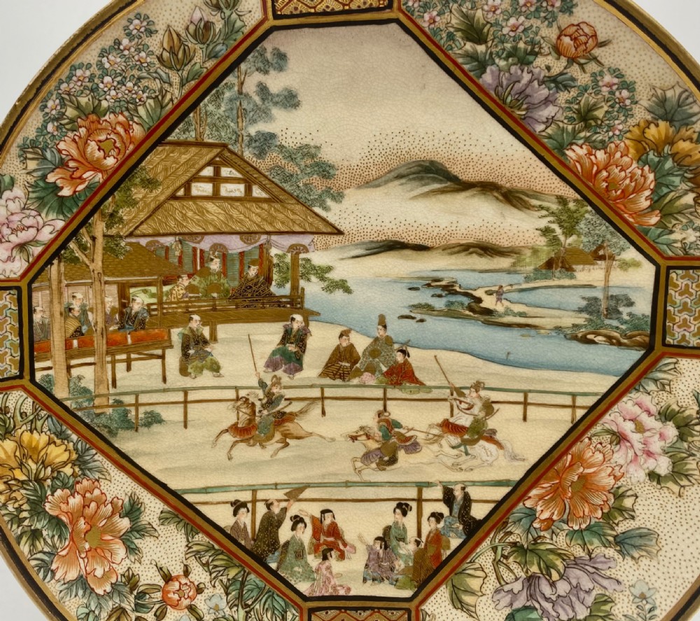 Satsuma pottery plate, Horse Racing, Ryokuzan, Meiji Period. View II