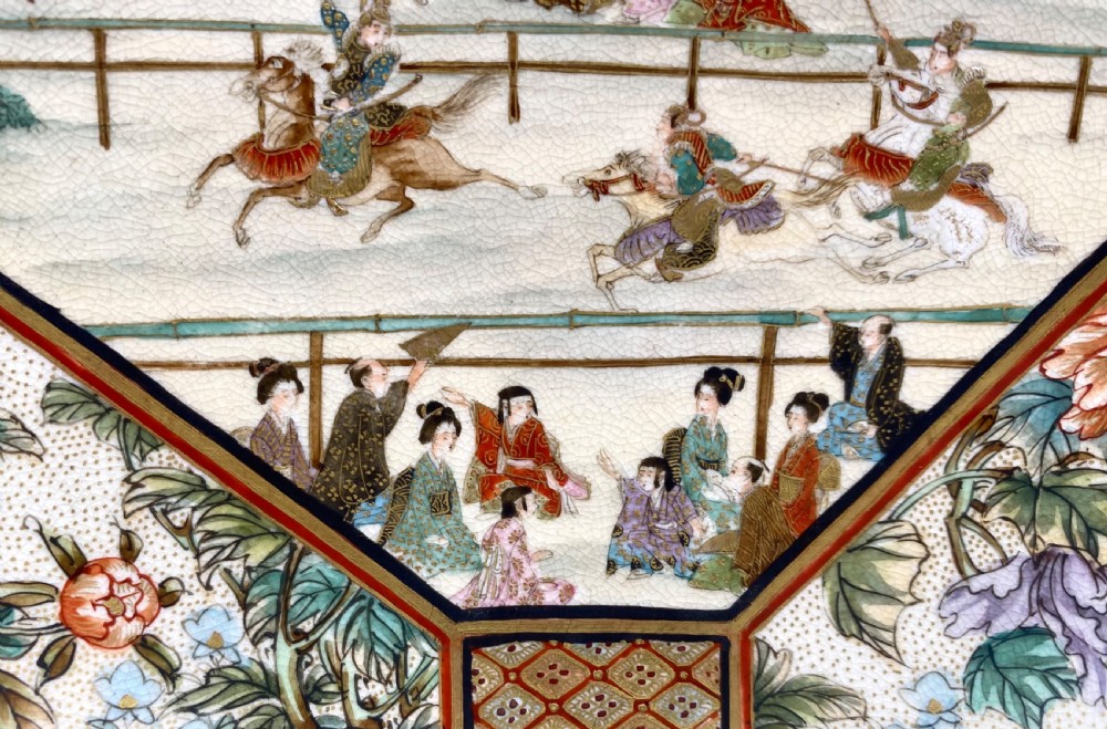 Satsuma pottery plate, Horse Racing, Ryokuzan, Meiji Period. View VIII