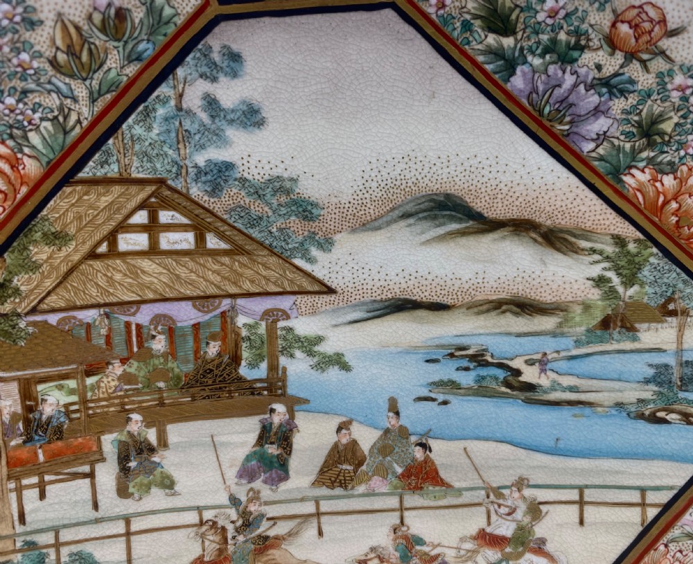 Satsuma pottery plate, Horse Racing, Ryokuzan, Meiji Period. View IX