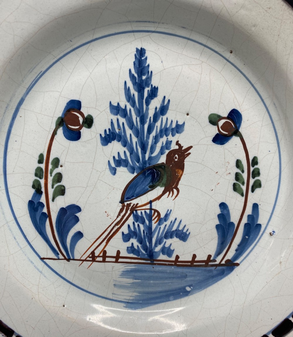 Rare London Delft pancake plate, Long tailed bird, c. 1750. View II