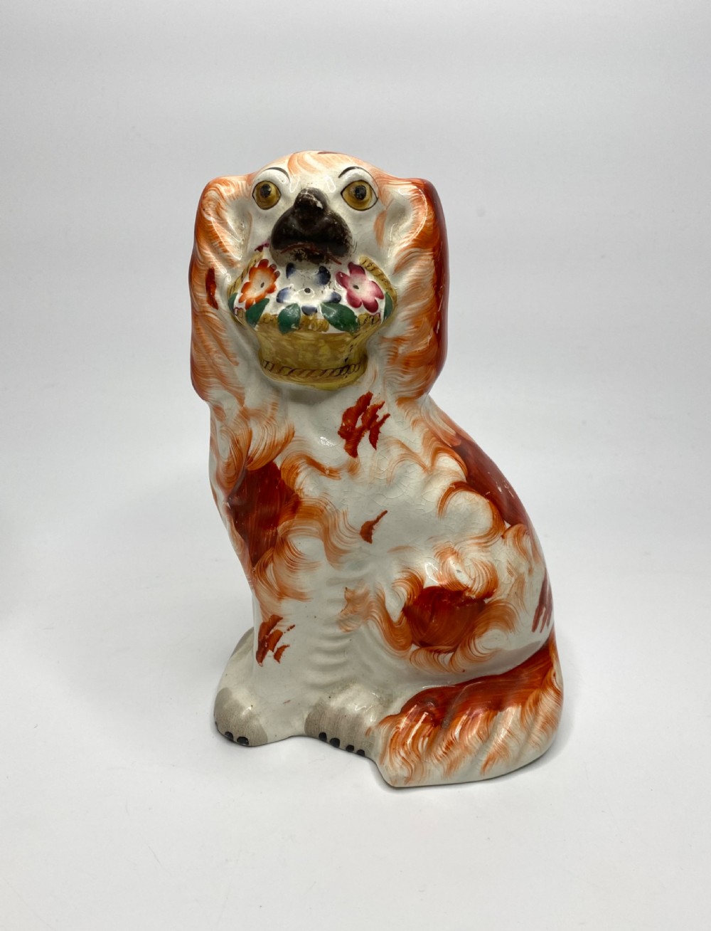 Pair Staffordshire ‘Basket of Flower’ Spaniels, c. 1860. View III