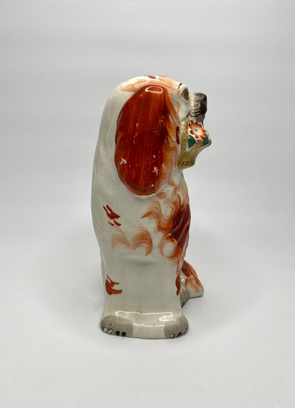 Pair Staffordshire ‘Basket of Flower’ Spaniels, c. 1860. View IV