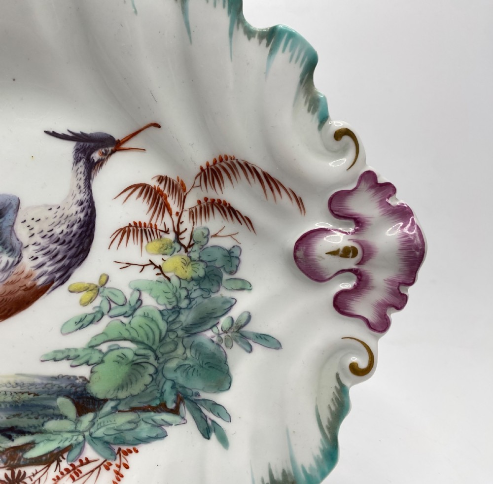 Chelsea porcelain dish, Exotic Bird, c. 1760. View V