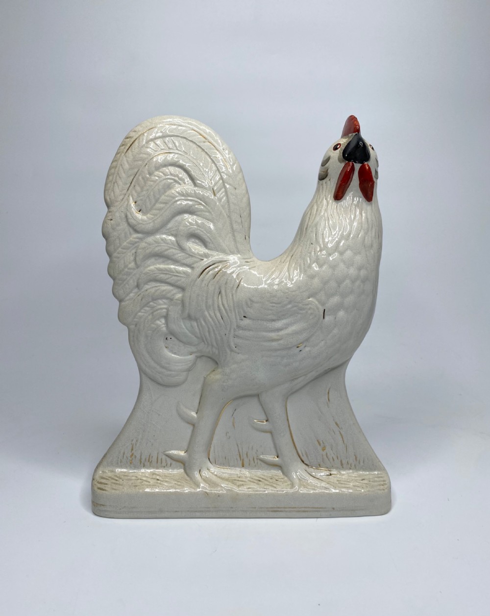 Pair of Staffordshire pottery cockerels, c. 1870. View III