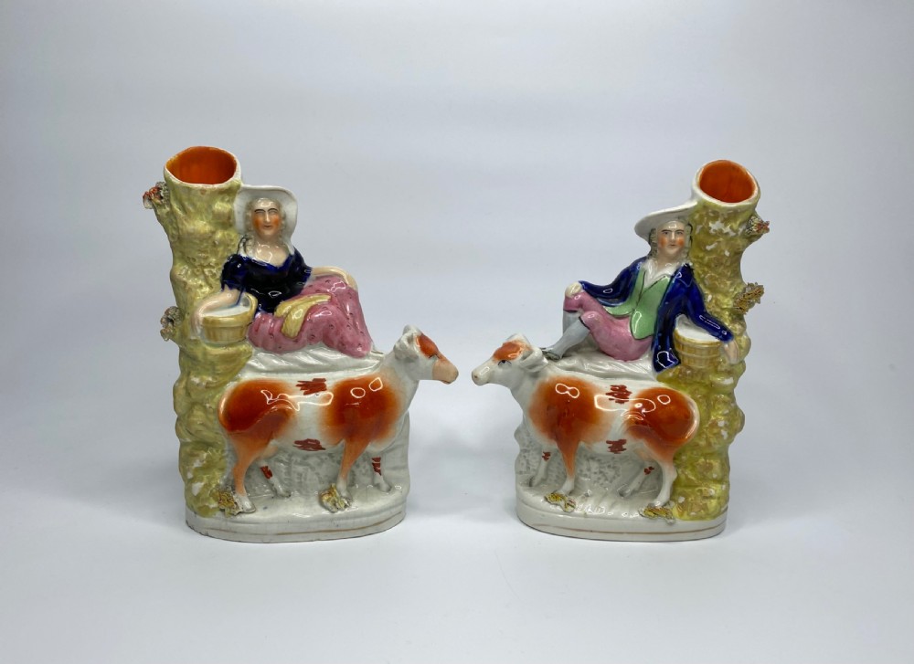 Pair Staffordshire pottery spill vases, c. 1860.