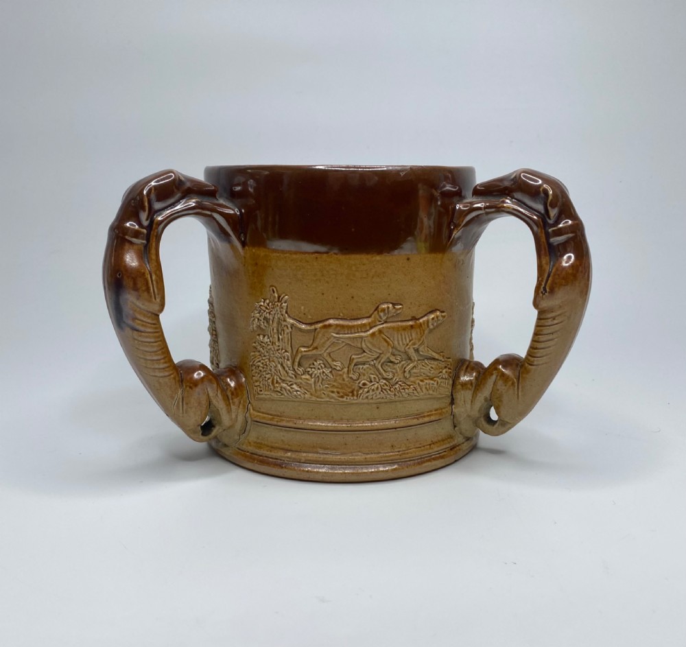 English saltglaze stoneware Hunting tyg, c. 1840.