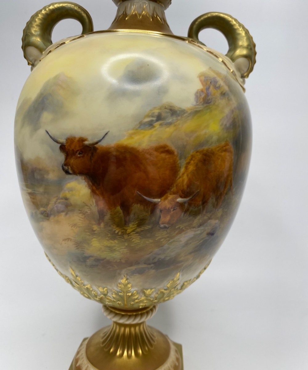 Royal Worcester vase, Highland Cattle, John Stinton, d. 1912. View II