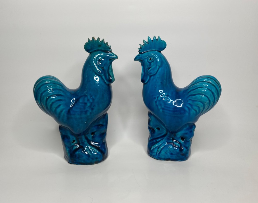 Pair Chinese porcelain cockerels, c. 1880, Qing Dynasty.