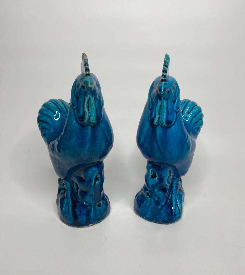 Pair Chinese porcelain cockerels, c. 1880, Qing Dynasty. View IV