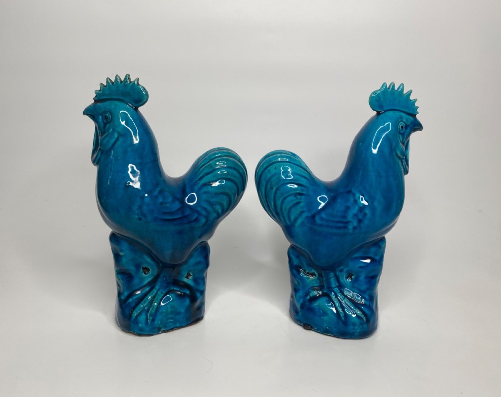 Pair Chinese porcelain cockerels, c. 1880, Qing Dynasty. View V