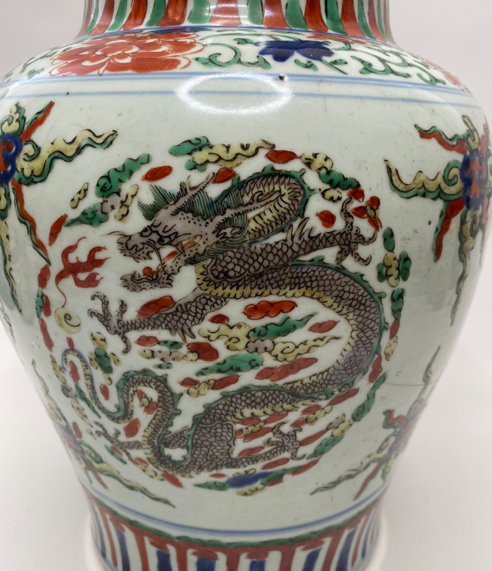 Pair Chinese wucai Dragon jars, c.1650, Shunzhi Period. View XIV
