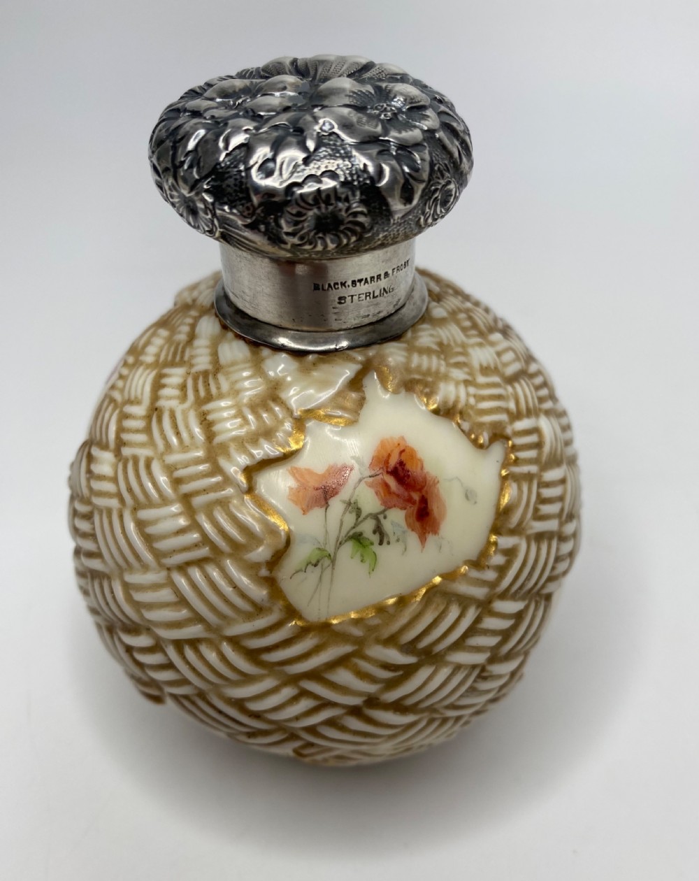 Royal Worcester perfume bottle, Black Starr & Frost silver mounts, c. 1890. View V