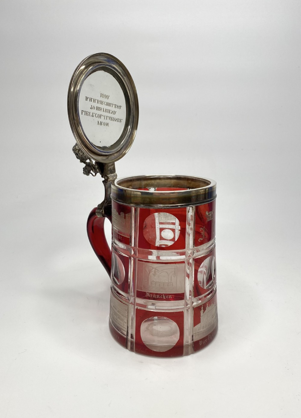 Bohemian Spa glass silver mounted tankard, d. 1860. View XVI