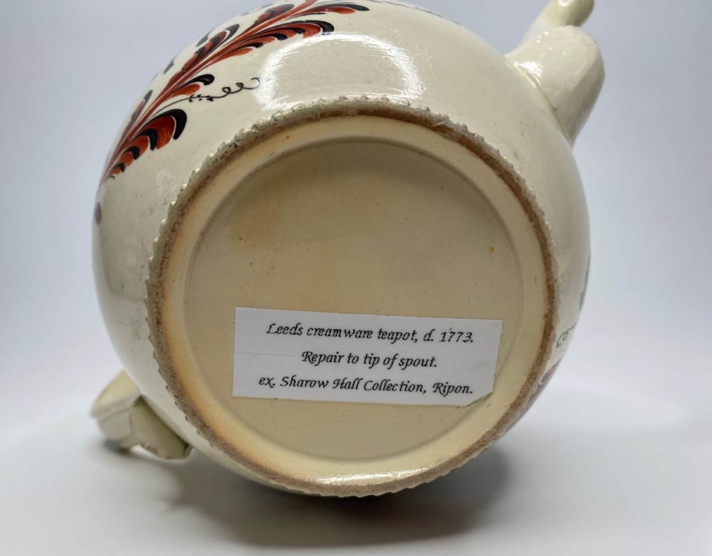 Leeds creamware teapot, Margaret Burton, 1773. View X