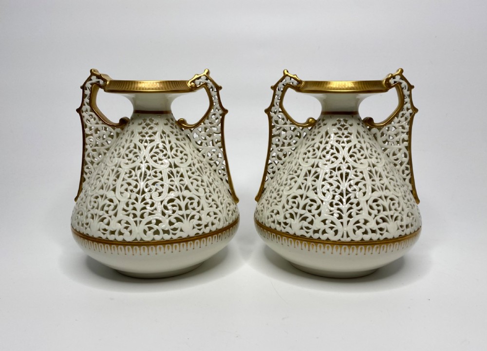 Graingers Worcester pair of reticulated vases, c. 1880.