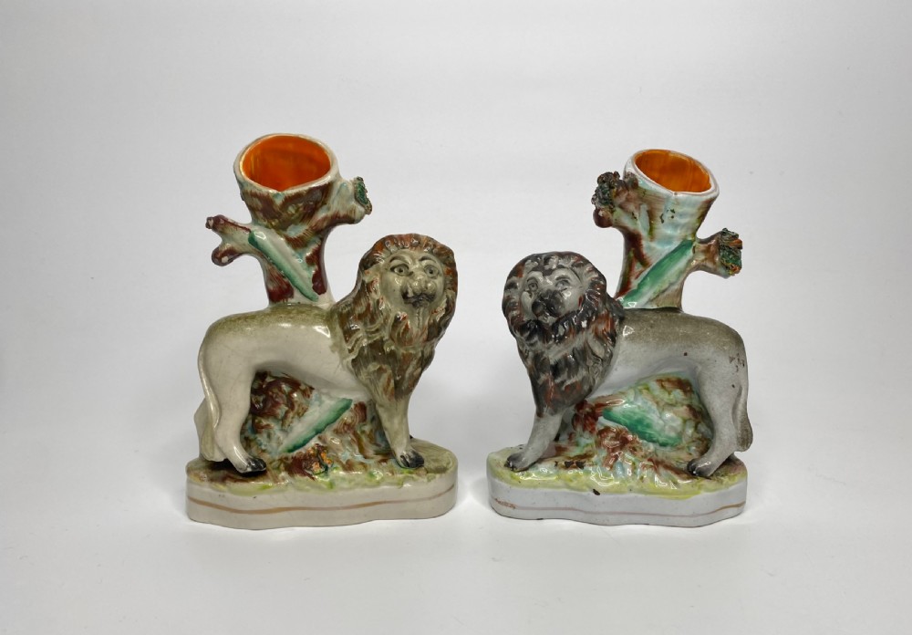 Staffordshire Lion spill vases, Thomas Parr factory, c. 1850.