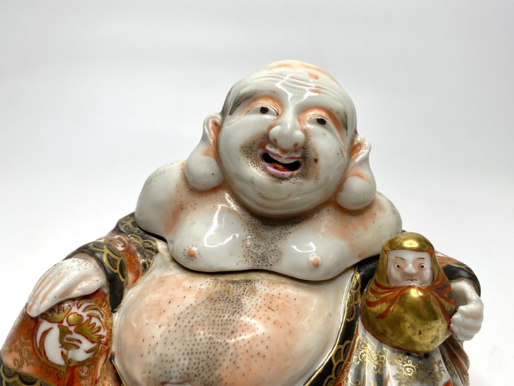 Kutani porcelain Hotei koro and cover, Meiji Period. View VII