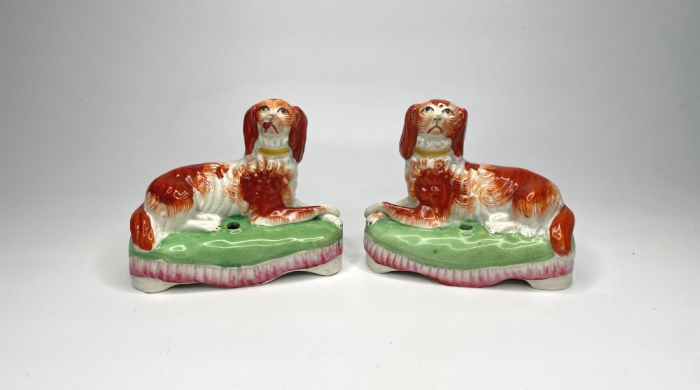 Pair Staffordshire pottery Spaniels, c. 1850.
