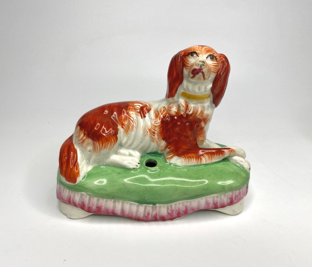 Pair Staffordshire pottery Spaniels, c. 1850. View IV