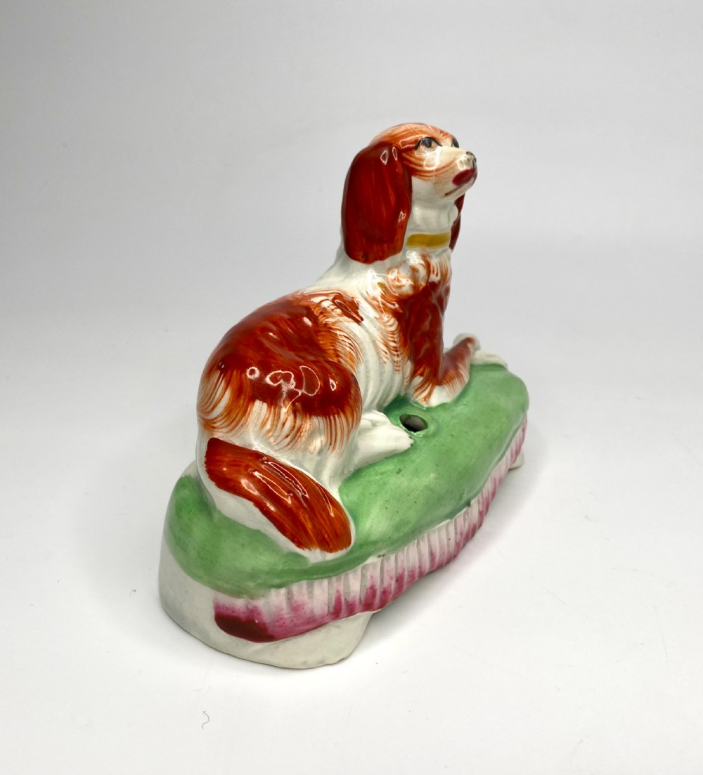 Pair Staffordshire pottery Spaniels, c. 1850. View X