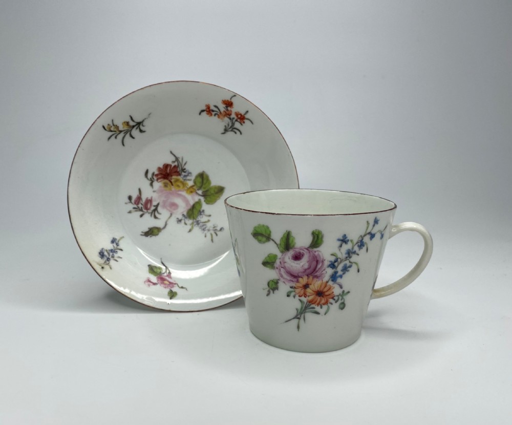 Chelsea porcelain conical cup & saucer, c. 1755.