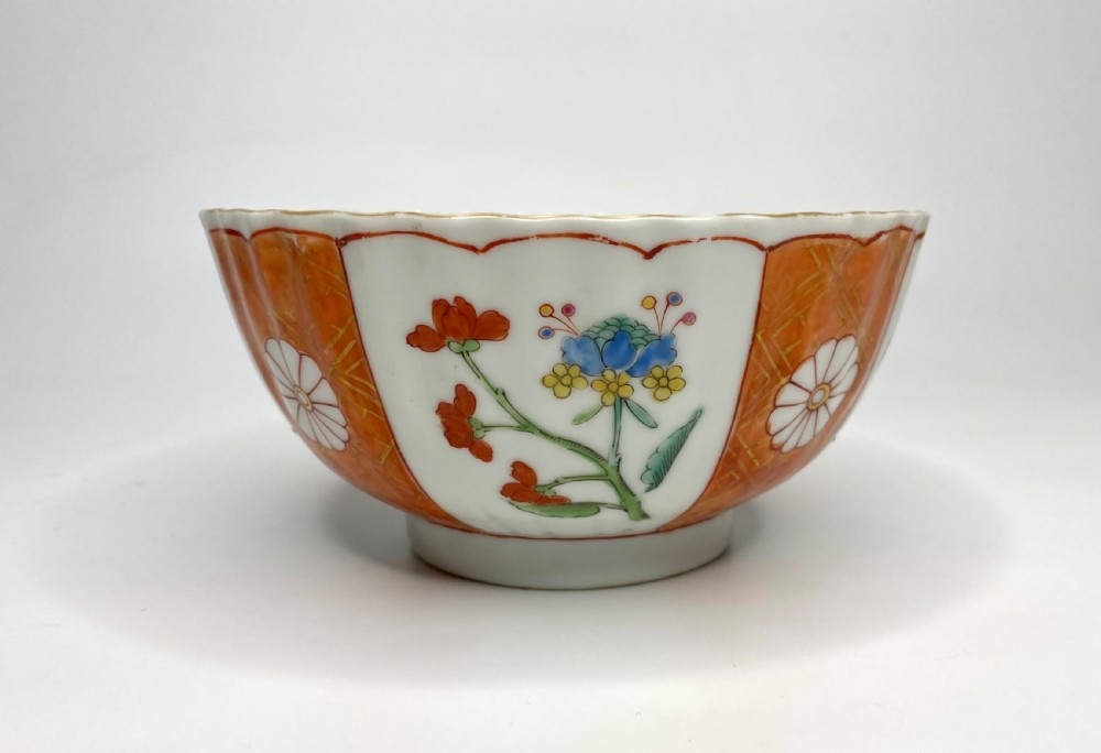 A fluted 18th-century Chinese porcelain bowl decorated in London with alternating panels of orange diaper work and hand-painted figures. View III