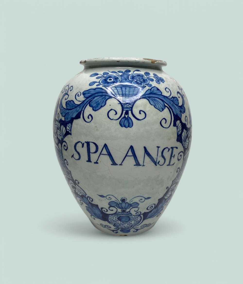 Dutch Delft tobacco jar SPAANSE, c. 1720.