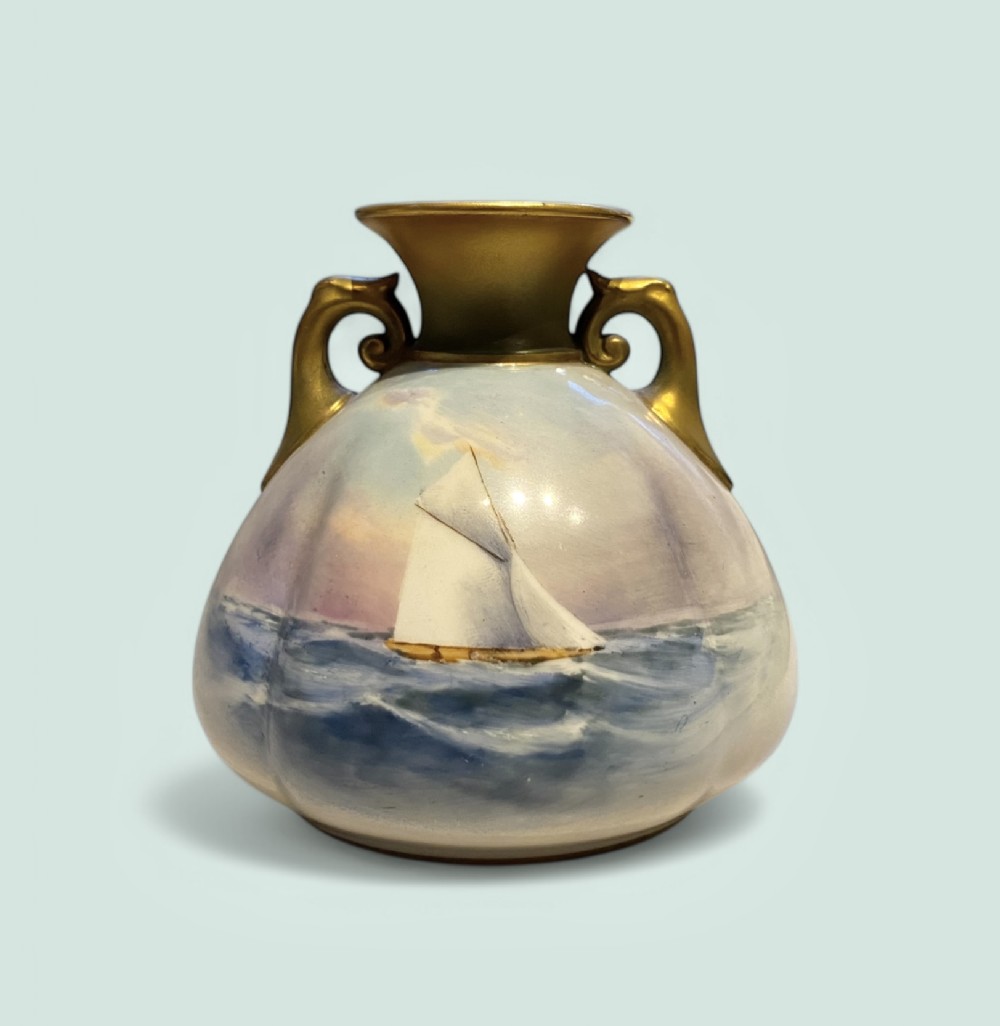 Royal Worcester porcelain vase, Yachting, Raymond Rushton, d. 1910.