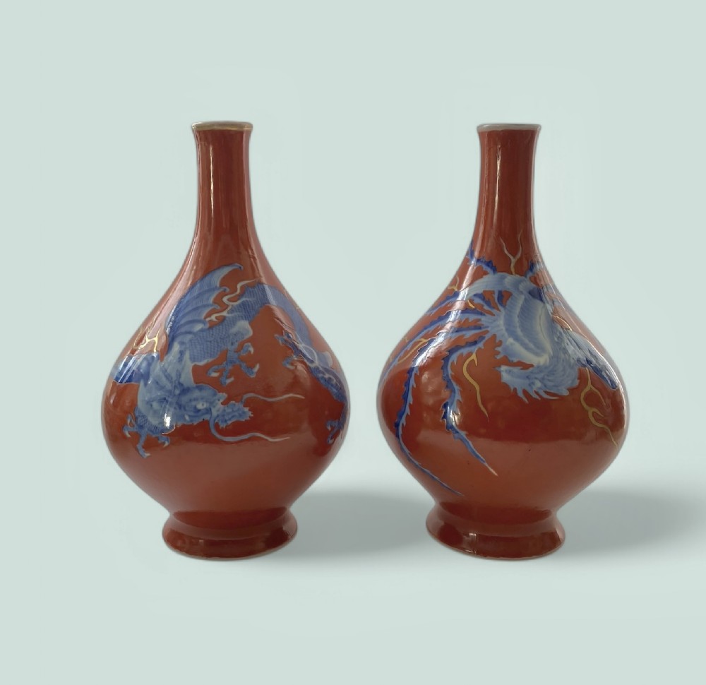 Fukugawa porcelain Dragon & Phoenix vases, Meiji Period.