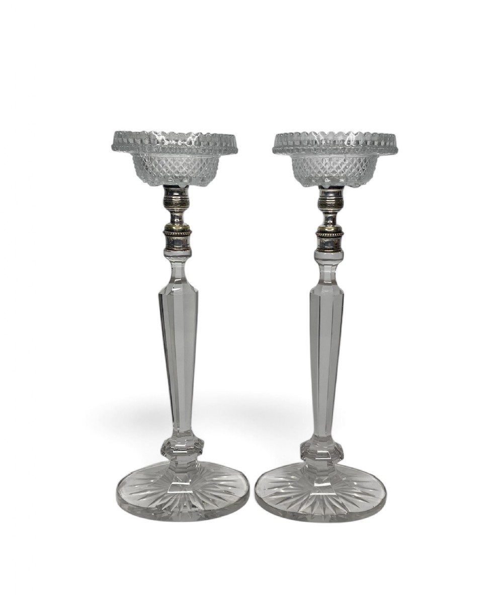 Clarke’s Patent Cricklite glass candlesticks, c. 1900.