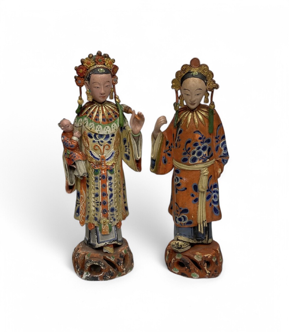 Pair Chinese polychrome clay figures, c. 1800, Jiaqing, Qing Dynasty.