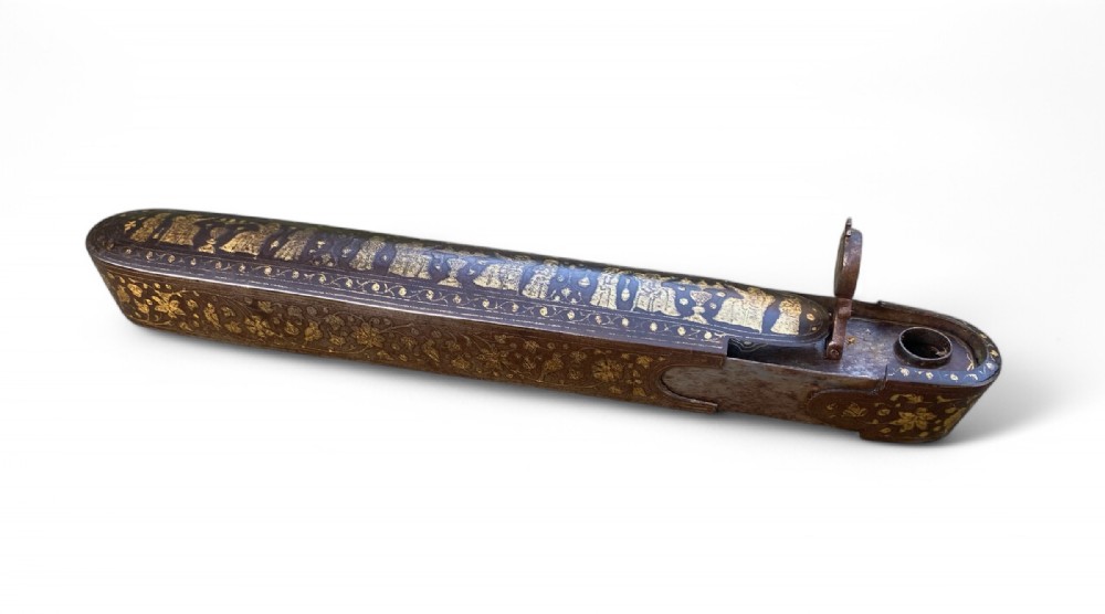 Qajar damascened steel pen case, Qalamdan, 19th Century.