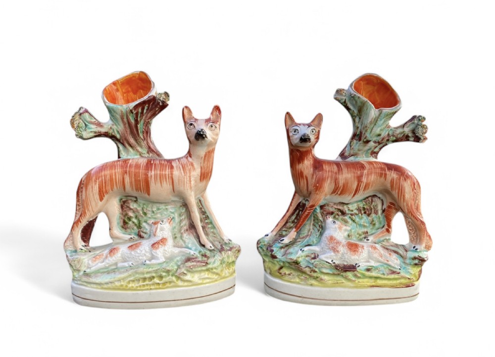 Pair Staffordshire Fox spill vases, c. 1850. Thomas Parr factory.