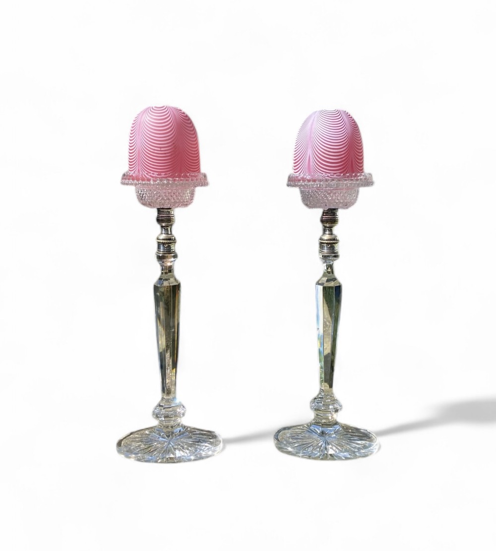 Pair Clarke’s Patent Cricklite candlesticks & shades, c. 1890.
