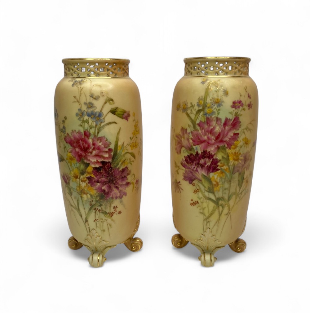 Pair of Royal Worcester porcelain vases, Blush Ivory, dated 1912.