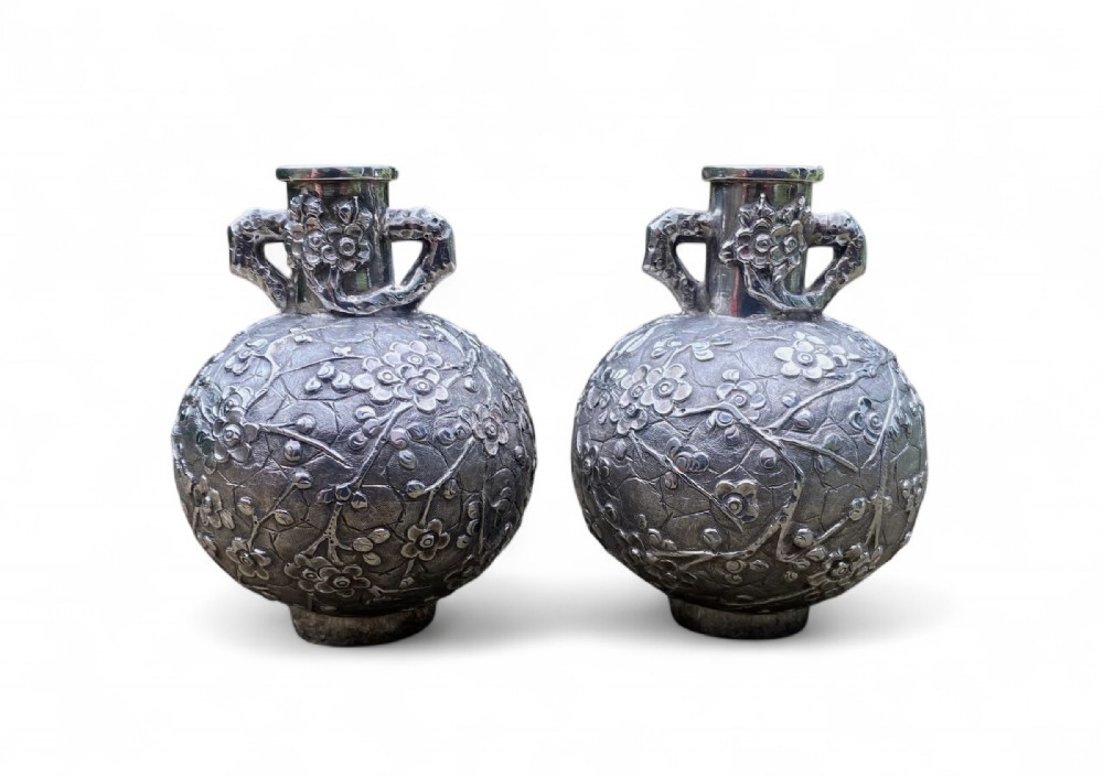 Pair of Chinese silver vases Prunus Blossom, Wang Hing, c. 1900.
