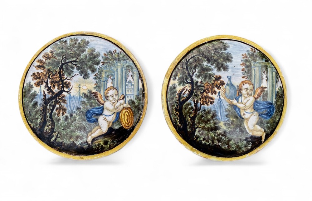 Pair Castelli maiolica plaques, Italy, c. 1730.