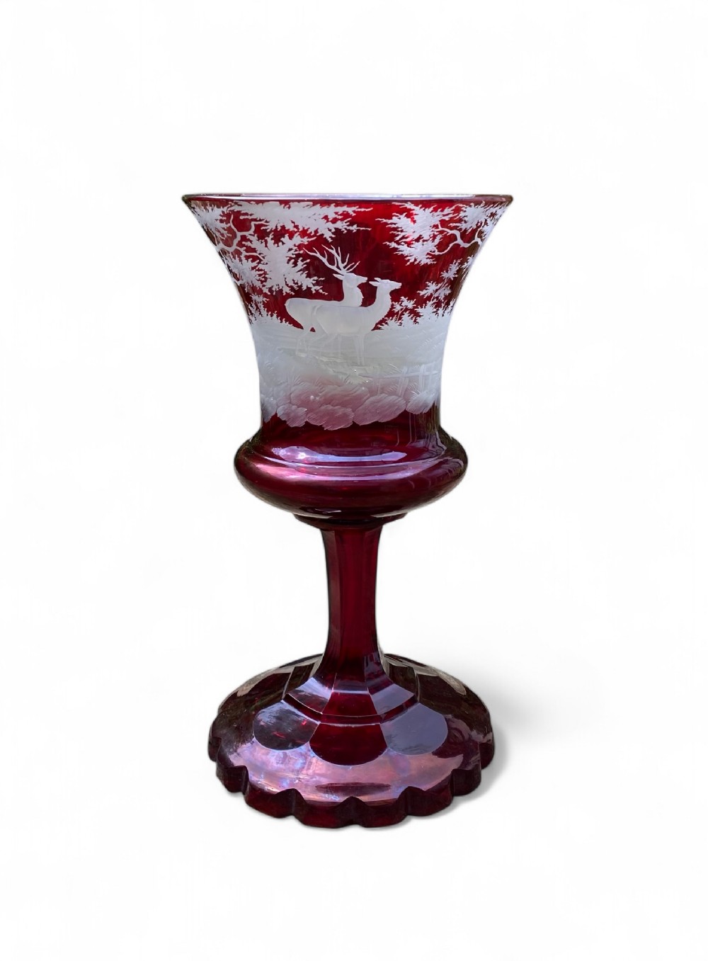 Bohemian ruby glass goblet, Stags, c. 1880.