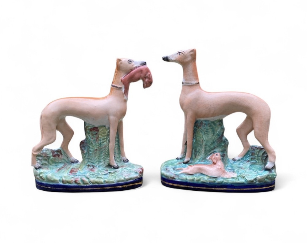 Pair Staffordshire pottery Greyhounds, c. 1860.