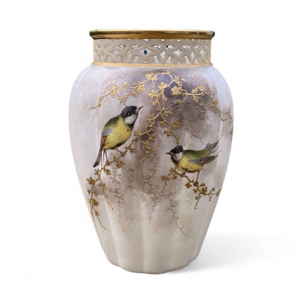 Royal Worcester reticulated vase, Great Tits, c. 1900.
