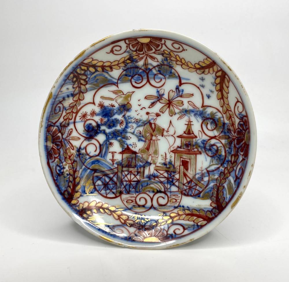 An 18th-century Chinese export porcelain tea bowl and saucer with red, gold, and blue Amsterdams Bont enamel decoration. View II