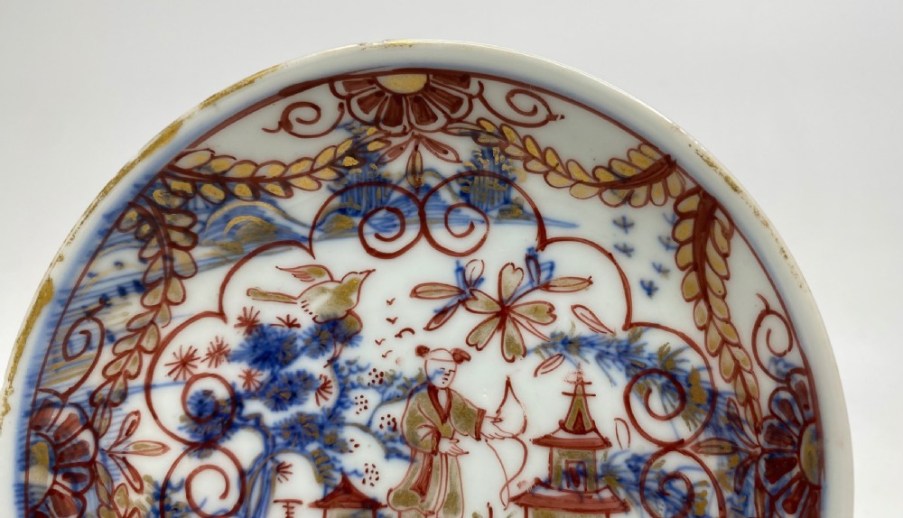 An 18th-century Chinese export porcelain tea bowl and saucer with red, gold, and blue Amsterdams Bont enamel decoration. View III