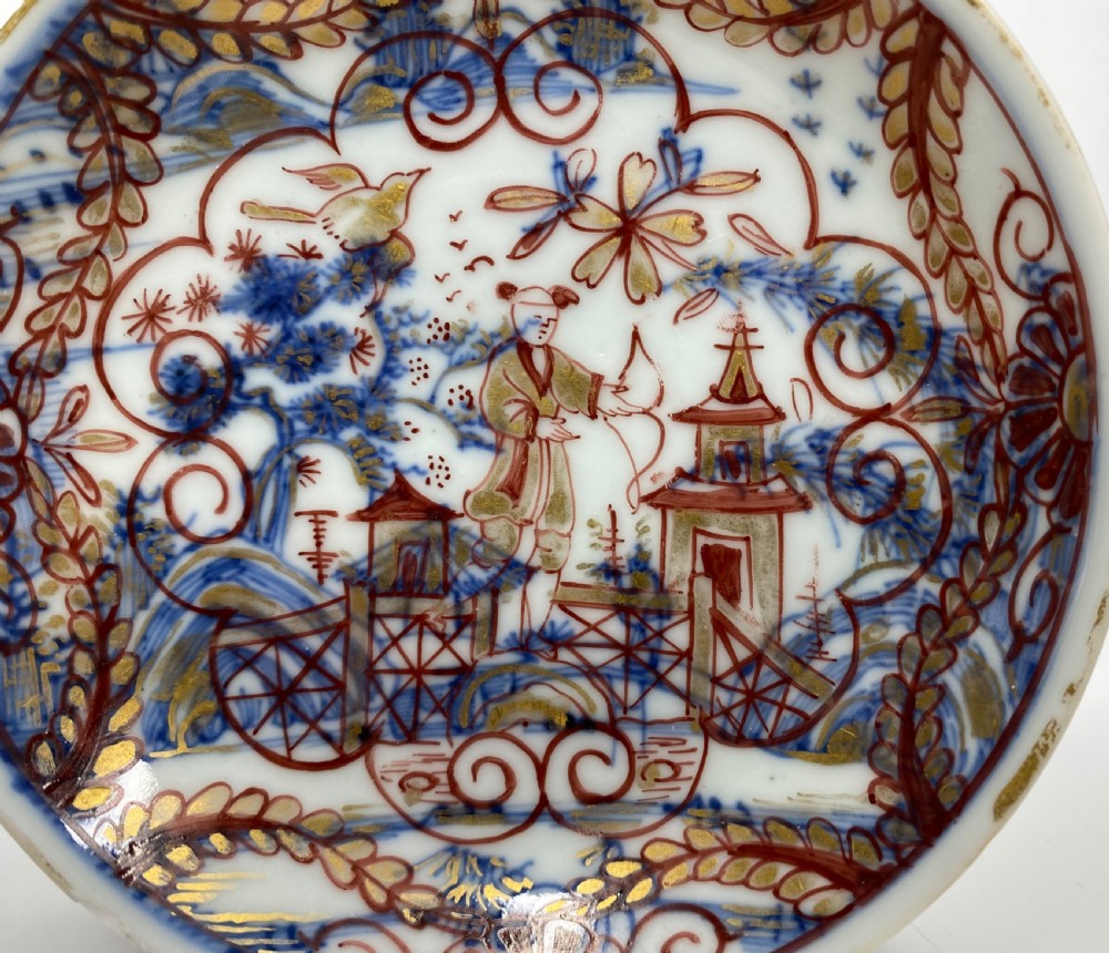 An 18th-century Chinese export porcelain tea bowl and saucer with red, gold, and blue Amsterdams Bont enamel decoration. View IV